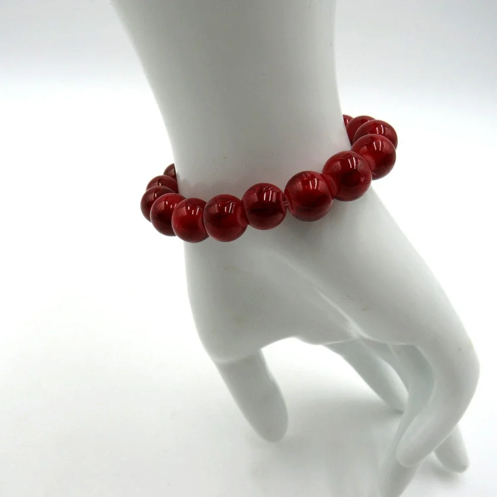 Red Beaded Stretch Bracelet Round Glossy Marbled Beads‎ Fashion Jewelry Unisex